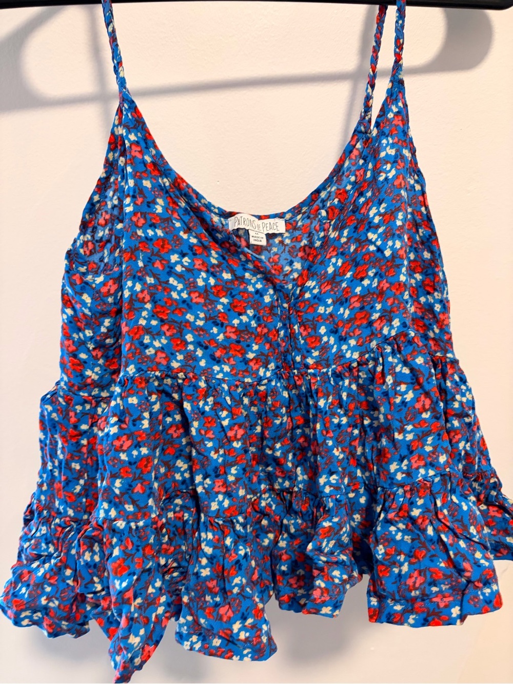 Patrons of Peace Bright Blue Floral Ruffle Cami